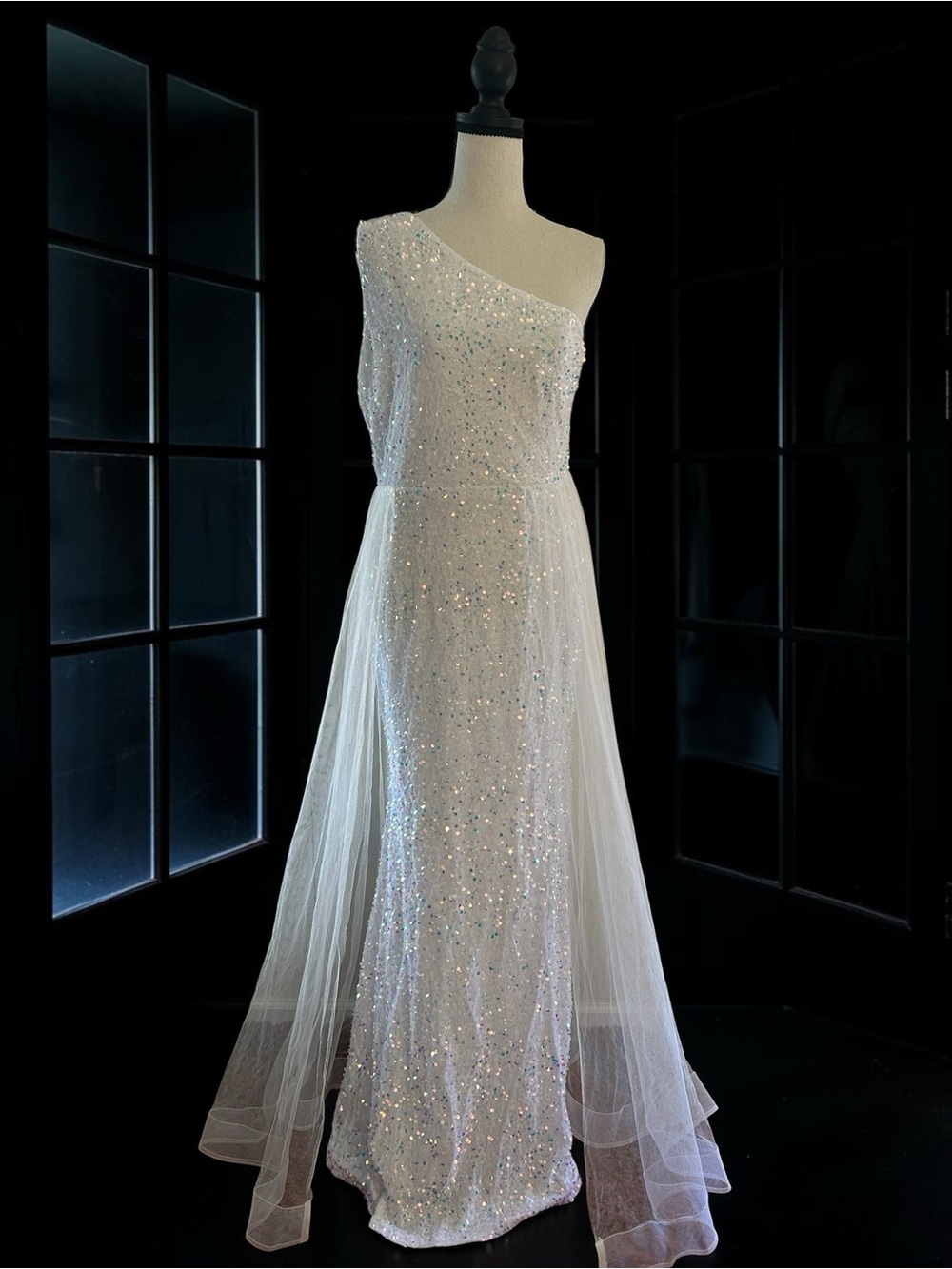 NWOT Iridescent Sequin One-Shoulder Toga Maxi Dress with Tulle Overlay L Wedding